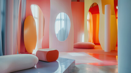 Modern art installations at a minimalist festival, with abstract shapes and minimal color, creating a tranquil, reflective atmosphere.