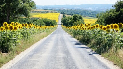 A peaceful countryside road lined with tall yellow sunflowers on either side, stretching into the distance.