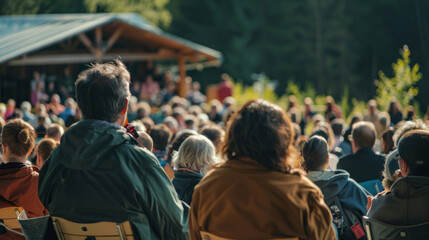 Outdoor literature festival featuring famous authors giving talks, with picturesque scenery and a diverse crowd of book lovers.