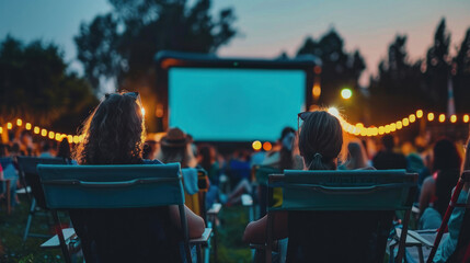 Outdoor screening at a film festival, with rows of people sitting on lawn chairs, watching a classic film under the stars, the big screen glowing.