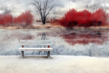 Obraz premium Wooden bench under a tree in an autumn park, golden leaves scattered around, creating a serene and nostalgic fall scene.