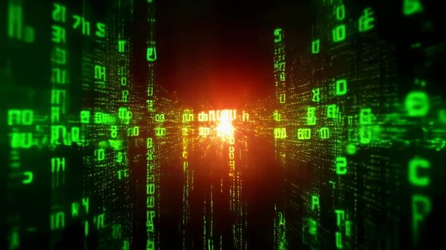 binary code background, Digital matrix, glowing green numbers, cyber space, binary code, data stream, technological background, virtual reality, orange light burst, abstract digital landscape