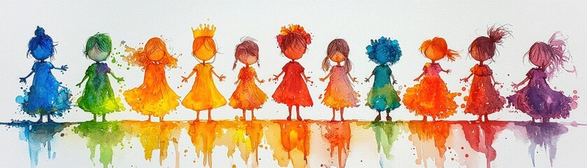 A vibrant watercolor illustration of ten whimsical girls in colorful dresses, standing in a line with reflections on the ground.