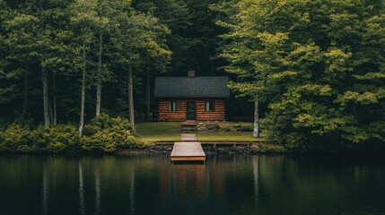 Obraz premium A peaceful lakeside cabin surrounded by towering green pine trees, with a small wooden dock leading to the water.
