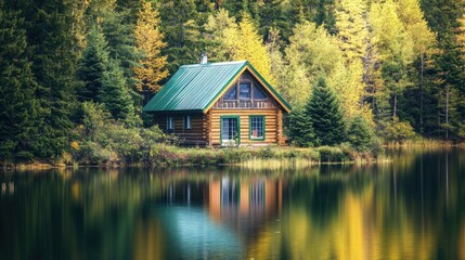 Fototapeta premium A peaceful lakeside cabin with a green tin roof, nestled among trees with a reflection on the calm water.