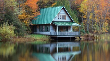 Obraz premium A peaceful lakeside cabin with a green tin roof, nestled among trees with a reflection on the calm water.