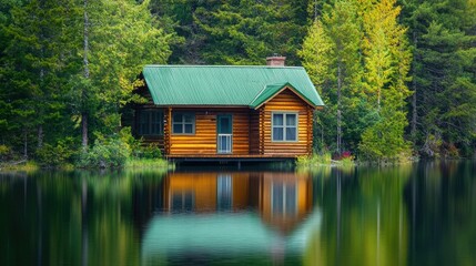 A peaceful lakeside cabin with a green tin roof, nestled among trees with a reflection on the calm water.