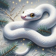 Fototapeta premium A white snake with golden eyes lies at the center of the painting, surrounded by pine twigs in the snow and shimmering sparkles.