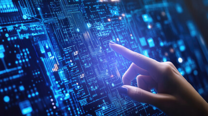 Hand touching virtual screen with financial technology  on digital interface, circuit pattern background for Business innovation concept. ,generative ai