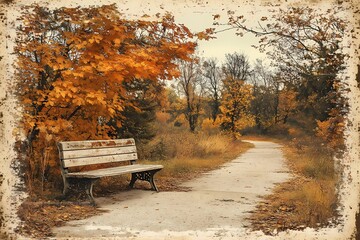 Autumn park bench surrounded by colorful fall leaves, creating a peaceful and reflective mood, perfect for nature and seasonal visuals.