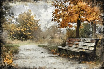 Obraz premium Autumn park bench surrounded by colorful fall leaves, creating a peaceful and reflective mood, perfect for nature and seasonal visuals.