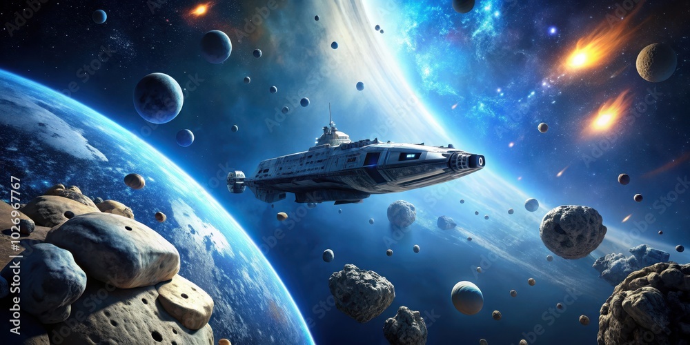 Sticker spaceship floating in outer space surrounded by asteroids, spaceship, outer space, asteroids, floati