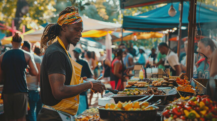 Naklejka premium World food market at an international festival, with booths serving cuisine from every continent, creating a vibrant and diverse culinary experience.
