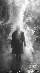 Obraz premium Silhouette of a Man Walking Through Fog