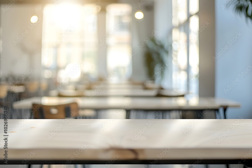 Wall mural empty wooden table and coffee shop blur background