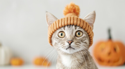 Obraz premium Adorable striped cat wearing yellow wool hat with Jack O' Lantern pumpkin doll in comfortable white house. Animal happy on Halloween holiday