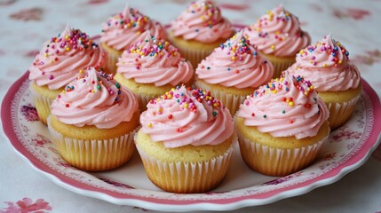 A plate of pink frosted cupcakes arranged neatly with sprinkles, ready to be served at a party