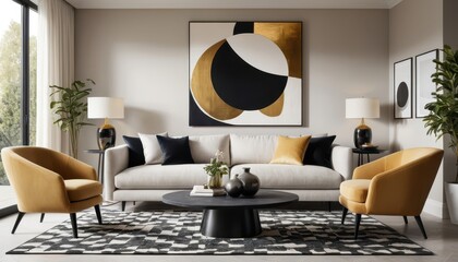 Modern Stylish Living Room Interior with Abstract Artwork and Elegant Furnishings