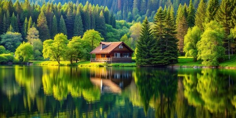 Fototapeta premium Beautiful landscape with a cozy house nestled among towering trees, lush greenery, and a serene lake, house, landscape, trees