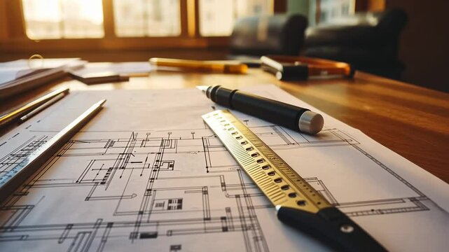 Close up of a ruler, pen, and blueprints on a wooden table.