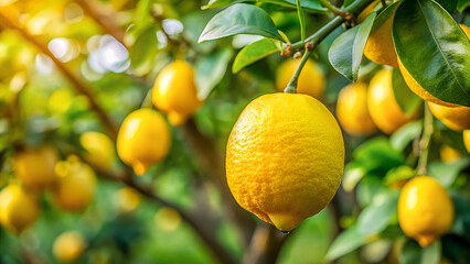 Close-up photo of lemons on a tree.