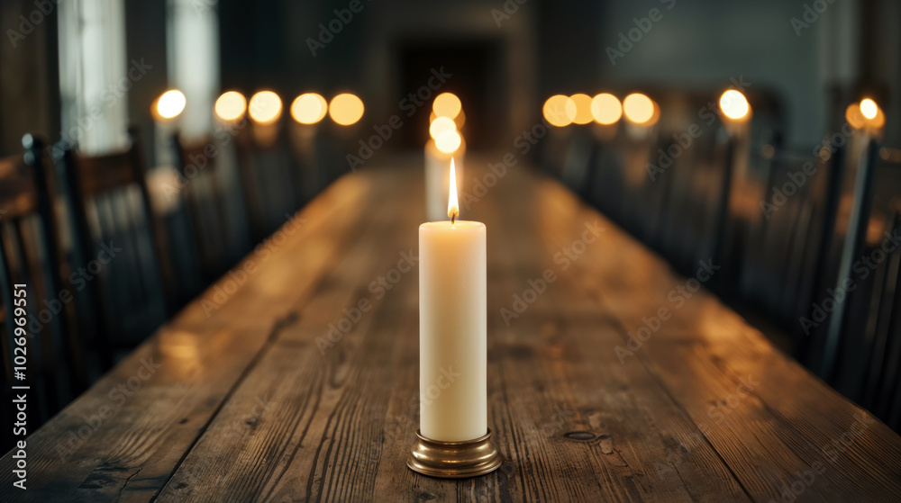 Poster lit pillar candle on long wooden table with blurred candles in the background. warm and rustic dinin