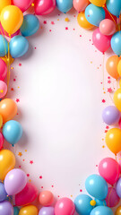 A white background surrounded by a frame of colorful balloons, featuring blue, yellow, pink, and purple balloons with gold and red star confetti.
