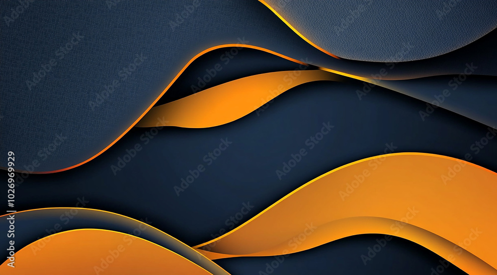 Wall mural abstract background with wavy shapes in dark blue and orange colors.