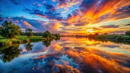 Fototapeta premium Sunset over the river with colorful clouds reflecting on the water, sunset, river, water, reflections, sky, clouds, colorful