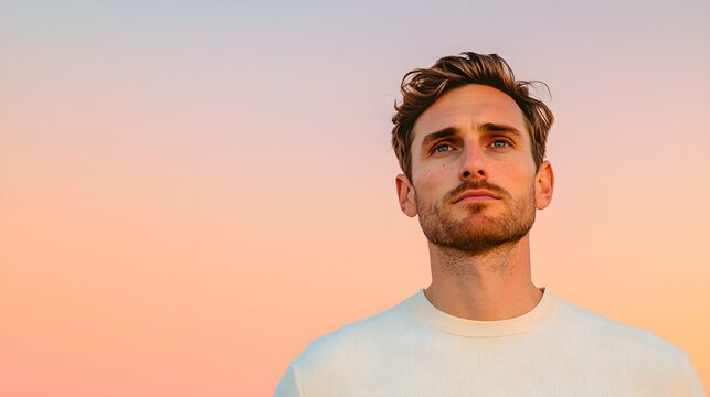 Thoughtful man gazing at a pastel sunset sky