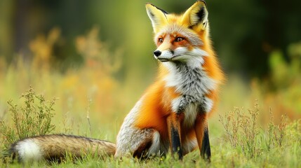 A red fox sitting in a grassy meadow, alert and watching its surroundings