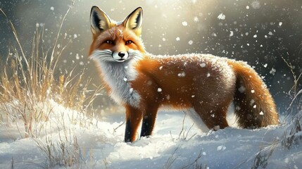 Fototapeta premium A red fox standing in a snow-covered field, its fur bright against the wintry backdrop