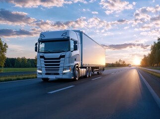 White semi truck driving on a highway at sunset in rural landscape