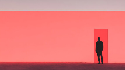 Obraz premium Silhouette of a man standing in a doorway against a bright red background.