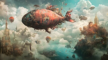 A steampunk fish-shaped airship flying over a cloudy cityscape