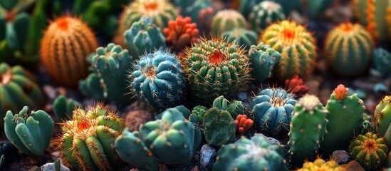 Obraz premium A close-up view of a variety of colorful cacti in a garden setting.