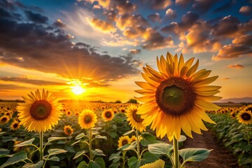 Obraz premium Minimalist Sunflower Field at Sunset - Serene Landscape Photography