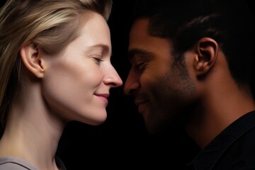 Naklejka premium Two individuals exchange a tender, affectionate gaze, highlighting their deep connection and mutual understanding, set against a softly lit background.