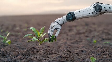 Robot hand nurturing plant growth in fertile soil, showcasing innovation in agriculture.