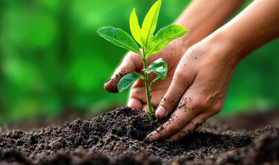 Gardener planting small tree in fertile soil