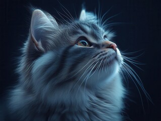 close-up of a fluffy cat with special effects against a dark background, showcasing its playful nature and charm, capturing the essence of pet companionship in a whimsical setting