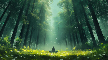 Obraz premium Serene forest meditation, surrounded by tall trees