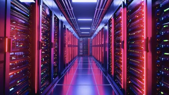 Server room data center. Backup, mining, hosting, mainframe and computer rack with storage information