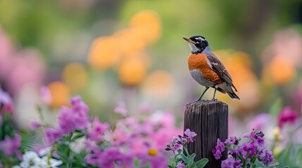 A robin perched on a fence post in a spring garden, with flowers blooming in the background