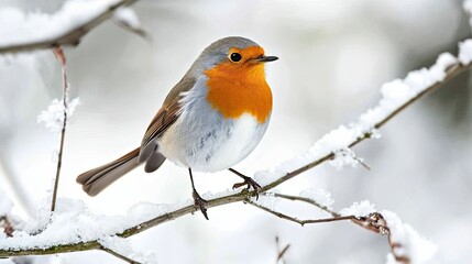 A robin perched on a snowy branch, its vibrant red breast standing out against the white snow
