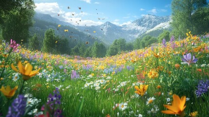 Vibrant Wildflower Meadow Under Clear Blue Sky