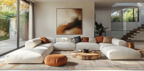 Modern living room with large sectional sofa, abstract artwork, and wooden coffee table.