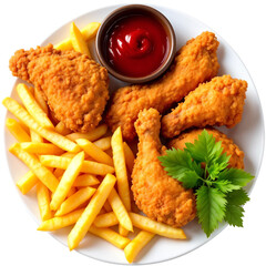 Fried chicken drumsticks and thighs with french fries, ketchup, and a sprig of parsley on a white plate