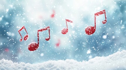Red music notes in snowy winter background, creating a festive holiday atmosphere and evoking the joy of Christmas music.