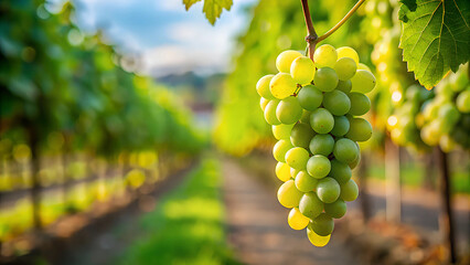 Green grape hanging with branch and leaves farm  background.